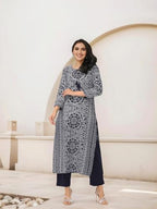 Ishin Bandhani Printed Navy Blue Cotton Tie Up Kurta With Solid Pants