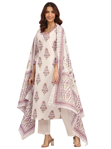 Libas Womens Yoke Design Cotton Straight Kurta With Trousers And Dupatta
