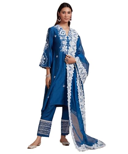 Lookmark Women'S Silk Blend Kurta And Pant With Organza Dupatta And Embroidery Work Suitable For Every Indian Occasion (Az-Lm-Og