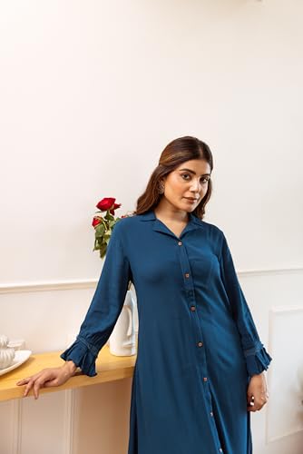 Blue Solid Shirt Collar Rayon Kurta With Pants