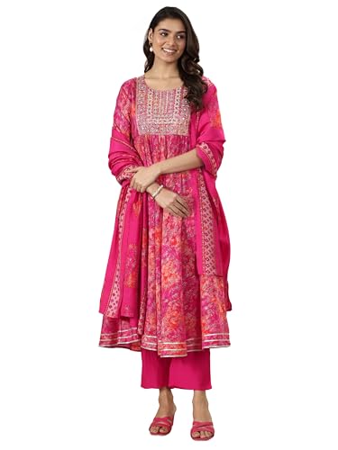 Libas Pink Ethnic Motif Printed Anarkali Kurta With Solid Trouser And Printed Dupatta
