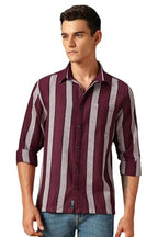 Dennis Lingo Men Stripes Cotton Poly Relaxed Fit Full Sleeves Shirt Maroon