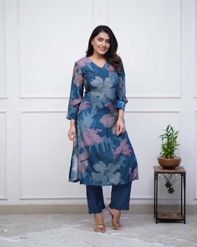 ANNI DESIGNER Womens Rayon Blend Straight Printed Kurta with Pant (KITIMAT Cerosin_M_Blue_Medium)