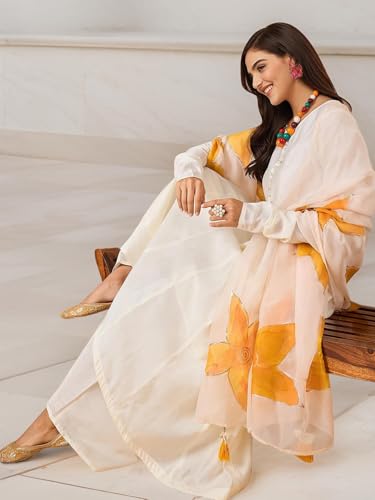 Ishin Women Solid Off-White Anarkali Kurta With Pants And Floral Dupatta