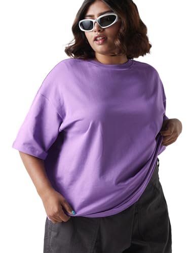Bewakoof Heavy Duty 1.0 Womens Solid Oversized Fit Half Sleeve Round Neck Terry Plus Size T-Shirt_646620_Purple_6XL