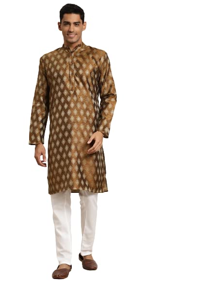 SOJANYA (Since 1958 Mens Silk Blend Booti Jacquard Mustard Kurta & Off-White Churidar Pyjama Set