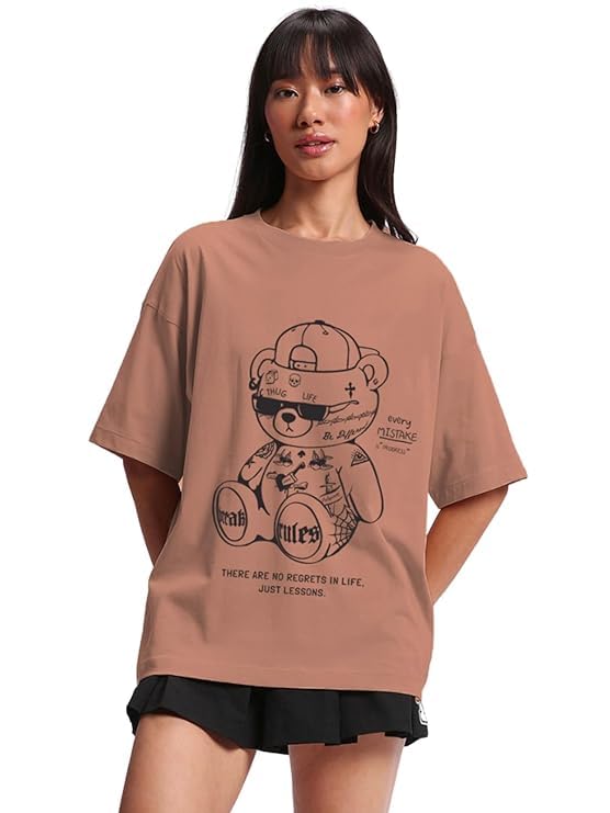 Juneberry Pure Cotton Oversized Loose Baggy Fit Drop Shoulder Half Sleeve Cool Front & Back Graphic Printed Round Neck T-Shirt F