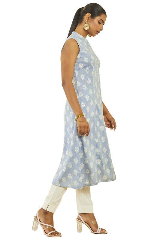 Soch Womens Blue Rayon Printed Straight Kurta with Princess Seam