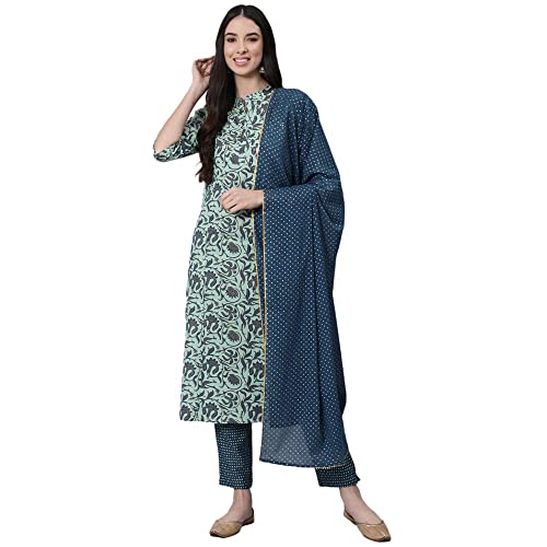 Anubhutee Women'S Cotton Floral Printed Sequinned Straight Kurta Suit Set With Dupatta & Pants