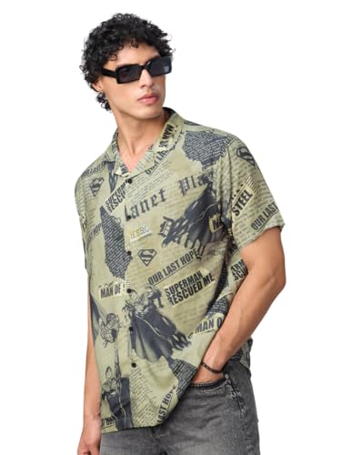 The Souled Store Superman: Its in The News Men and Boys Short Sleeves Collared Neck Button Front Grey All Over Printed Regular 