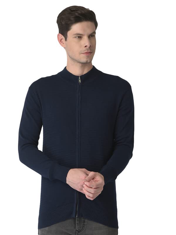 Turtle Men Navy Blue Self Design Front Open Neck Pullover