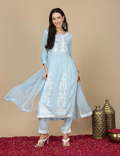 Kaari Rayon Embroiderery A-Line 7525 WomenS Kurtas & Kurtis (Kaaaw24Wskd-70018_Aasman Blue