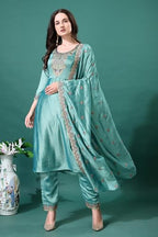 Pratham Blue WomenS Silk Embroidered Straight Kurta Palazzos With Dupatta |Kurta Set For Women |Women Kurta |Women Embroidered