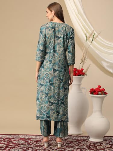 ANNI DESIGNER Womens Cotton Blend Straight Printed Kurta with Palazzo (Kanjirang Blue-NJ_M_Blue_Medium)