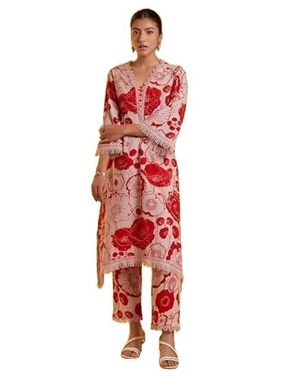 LookMark Womens Printed Cotton Blend Straight Kurta Pant Set with Lace - Comfortable Ethnic Wear for Women, Elegant Design, Sui