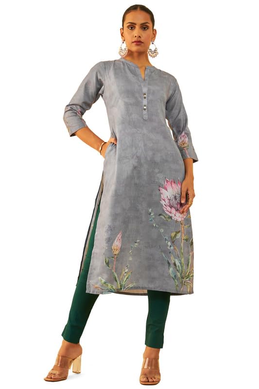 Soch Women Muslin Blend Floral Print Straight Kurta with Pocket