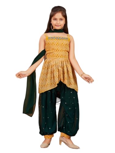 Aarika Girls Ethnic Wear Yellow Colour Printed Sequins Georgette Kurti Patiala Set (6-13 Years)