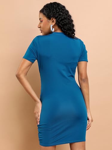 Ketch WomenS Cotton Blend Mock Neck Ruched Mini Dress Above The Knee Khj6000596_Blue