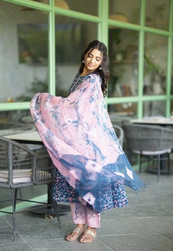ANNI DESIGNER Womens Cotton Blend Anarkali Printed Kurta with Pant & Dupatta (NINA KEROCIN_L_Blue_Large)