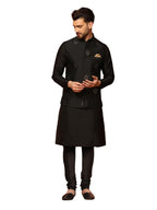 Kisah Mens Kurta Jacket Churidar Set, Silk Blend Jacquard Mandarin Collar Long Sleeves, Black Ethnic Wear Set For Men, 44