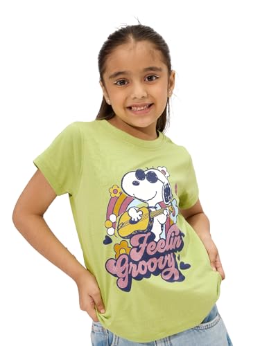 The Souled Store Peanuts: Groovy Vibes Girls Short Sleeves Round Neck Green Graphic Printed Cotton T-Shirts