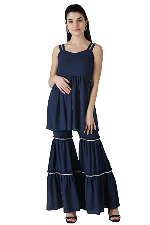 Popwings Casual Navy Blue Georget Garara Set For Women