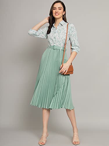 Kzully WomenS Print 3/4 Sleeve Pleated Midi Dress With Belt Pista