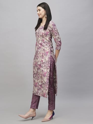 ANNI DESIGNER Womens Cotton Blend Straight Fit Printed Kurta with Pant (Seep Purple_L_Purple_Large)