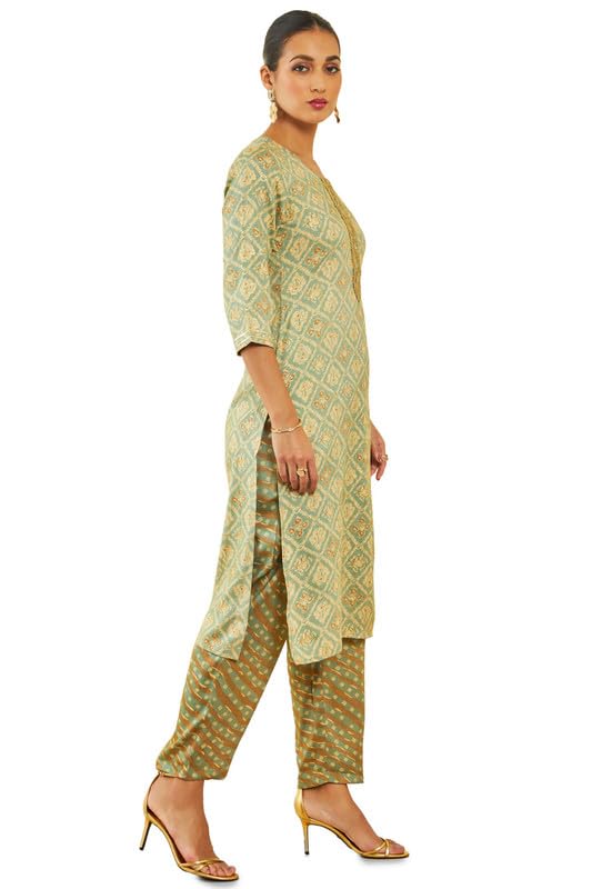 Soch Womens Sap Green Rayon Printed Straight Kurta Set With Gota Patti Work