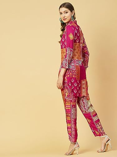 ANNI DESIGNER Womens Chanderi Cotton Short length Printed Co-Ord Set (ABC Pink Co-ord-NKM_S_Pink_Small)