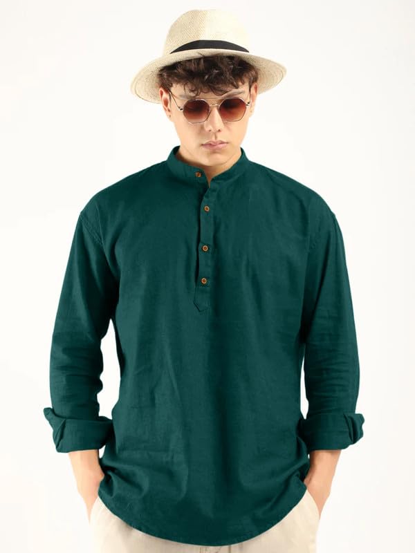 Macsivo MenS Cotton Polyester Blend Solid Regular Fit Full Sleeve Short Kurta Green