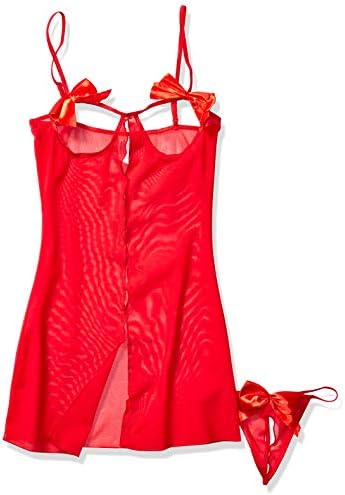 Mesh cupless babydoll with satin bows, adjustable straps and a matching crotchless g-string - L