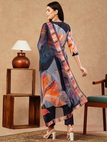 ANNI DESIGNER Womens Cotton Blend Straight Printed Kurta with Pant & Dupatta (KHISSU Navy Blue-FKA_M_Navy Blue_Medium)