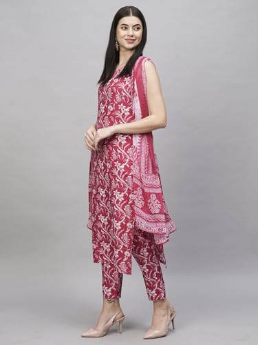ANNI DESIGNER Womens Rayon Blend Straight Printed Kurta with Pant & Dupatta (Ball-Pink-RMS_L_Pink_Large)