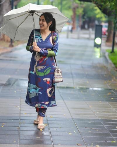 ANNI DESIGNER Womens Cotton Blend Straight Printed Kurta with Pant (Barish Blue_S_Blue_Small)