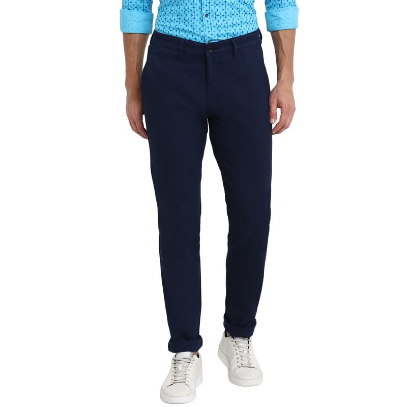 Turtle Men Blue Narrow Fit Self Design Casual Trousers