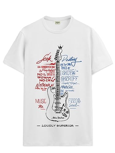 ADRO Guitar Design Printed T-Shirt for Men - 100% Cotton, Regular Fit, Soft Breathable Fabric. (RN23-M-GTR-WH_White_XL)