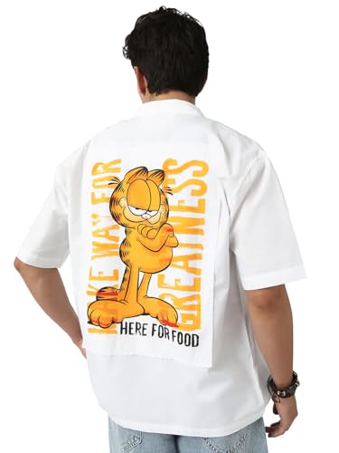 Bewakoof Official Garfield Merchandise Mens Graphic Print Oversized Fit Half Sleeve Collared Poplin Shirt_666766_White_XL