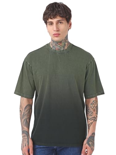 Bewakoof Mens Self Design Oversized Fit Half Sleeve Round Neck Cotton T-Shirt_662239_Green_S