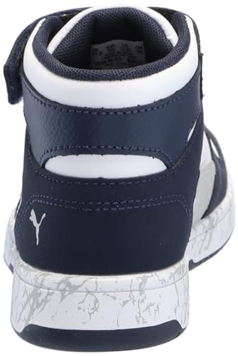 PUMA Rebound Layup Mid Hook and Loop Sneaker, White-Flat Light Gray-Club Navy, 11.5 US Unisex Little Kid