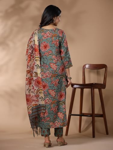 ANNI DESIGNER Womens Rayon Blend Printed Straight Kurta with Pant & Dupatta (FTA Green-NB_M_Green_Medium)