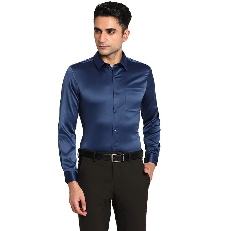Turtle Men Satin Navy Blue Slim Fit Solid Formal Shirts