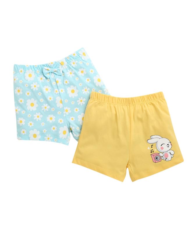 BUMZEE Girls Cotton Above Knee Length Shorts Pack of 2 Sky Blue & Yellow - 6-12 Months (Peb10436C-sbl)