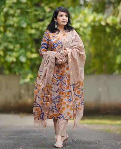 ANNI DESIGNER Womens Cotton Blend Printed Straight Kurta with Pant & Dupatta (Kalam Chiku-JL_XL_Beige_X-Large)