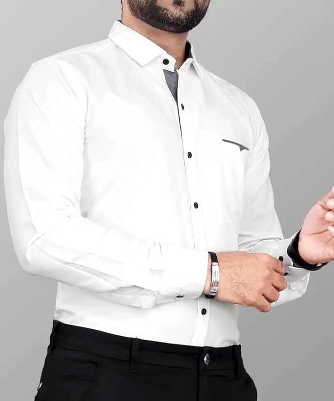 Tee Projekt Mens Regular Fit Solid Soft Touch Cotton Casual Shirt with Pocket Design with Spread Collar & Full Sleeves. White