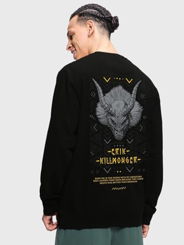 Bewakoof Mens Graphic Print Regular Fit Full Sleeve Round Neck Fleece Sweatshirt Black