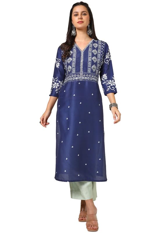 Soch Womens Navy Blue Muslin Blend Kurta With Mirror Work