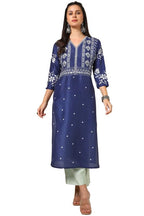 Soch Womens Navy Blue Muslin Blend Kurta With Mirror Work