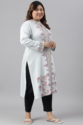 W For Women Blue Acrylic Printed Plus Size Winter Kurta