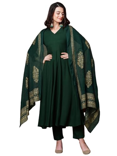 GoSriKi Womens Rayon Blend Solid Anarkali Kurta with Pant & Dupatta (Magic-Green-NDM-GS_L_Green_Large)